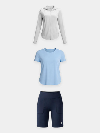 White Shirt + Black Short + Blue Jacket