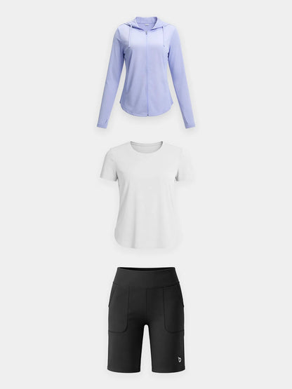 White Shirt + Black Short + Blue Jacket