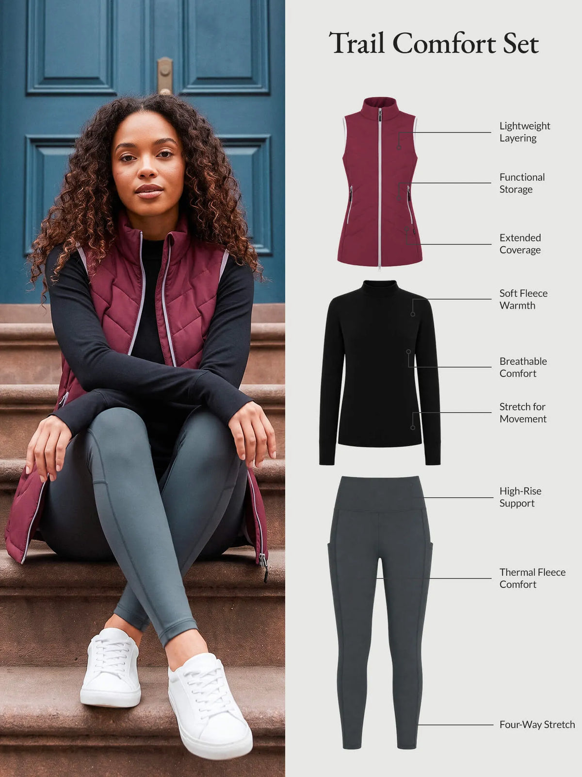 Black Base + Gray Legging + Wine Red Vest