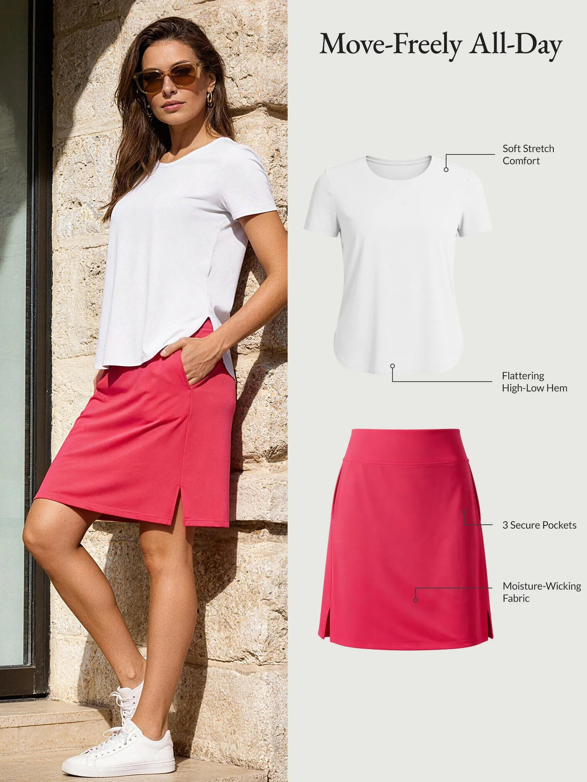 White Shirt + Rose Red Skirt