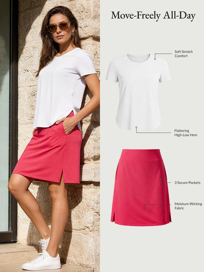 White Shirt + Rose Red Skirt