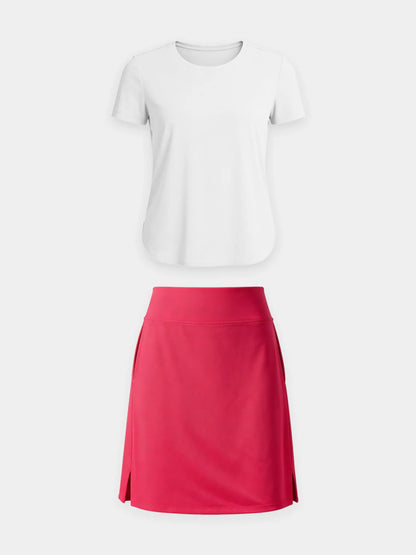 Black Shirt + Beige Skirt