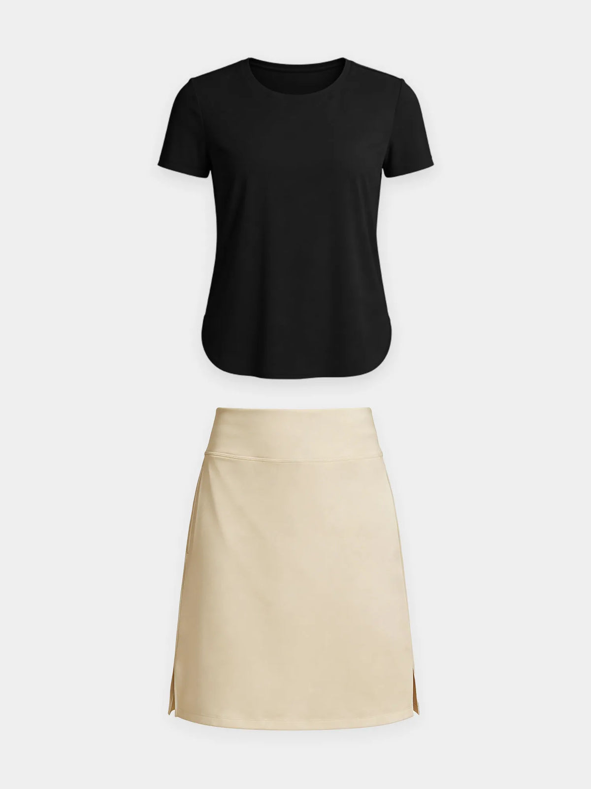 Black Shirt + Beige Skirt