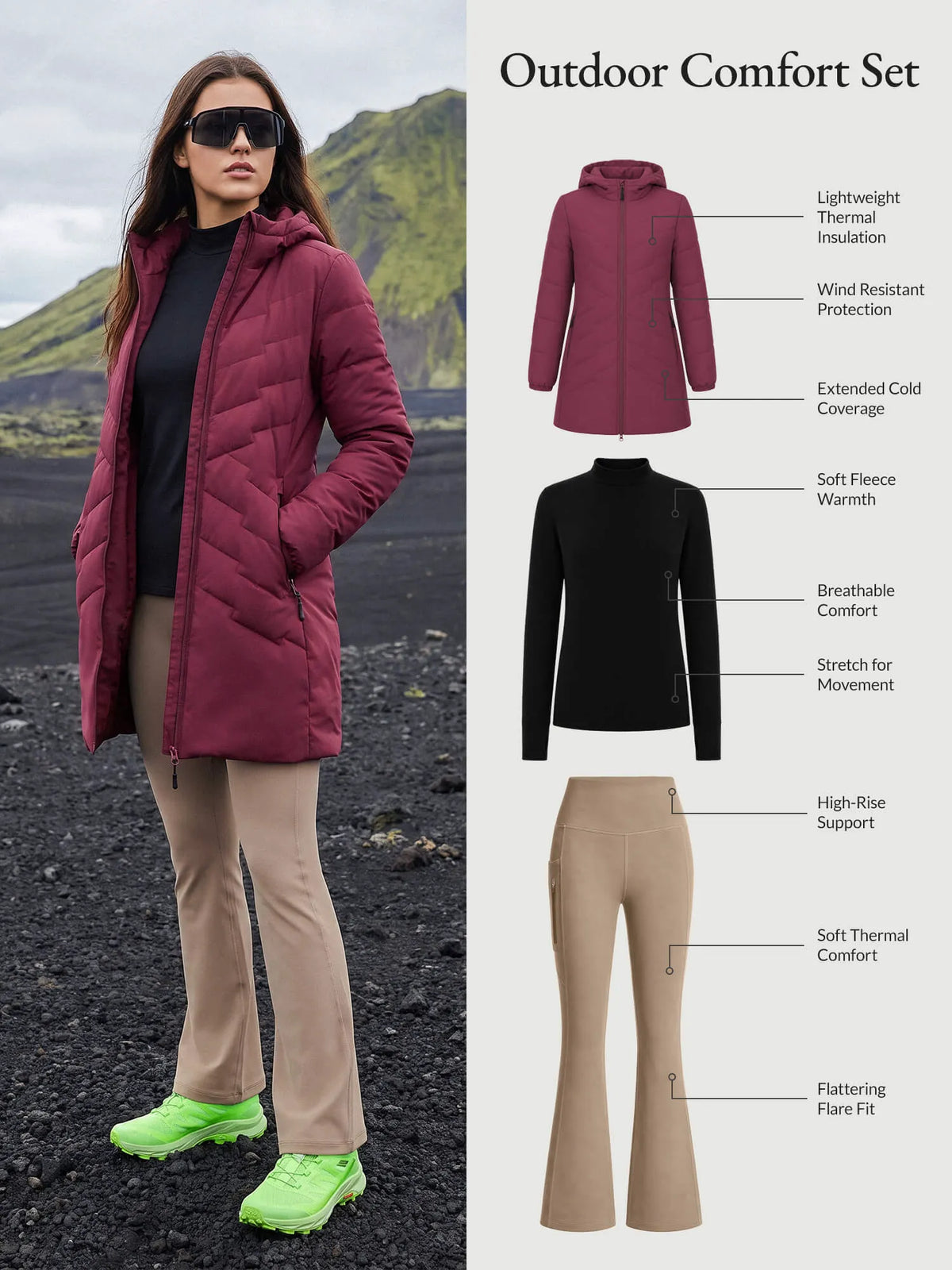 Black Base + Cocoa Crème Pants + Wine Red Jacket