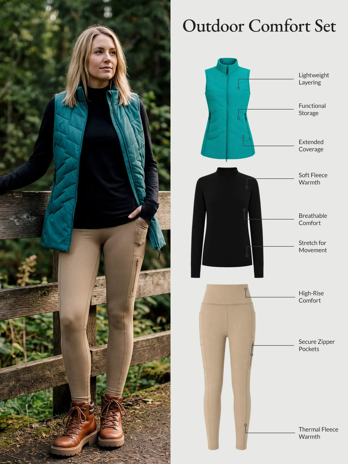 Black Base + Khaki Legging + Green Vest
