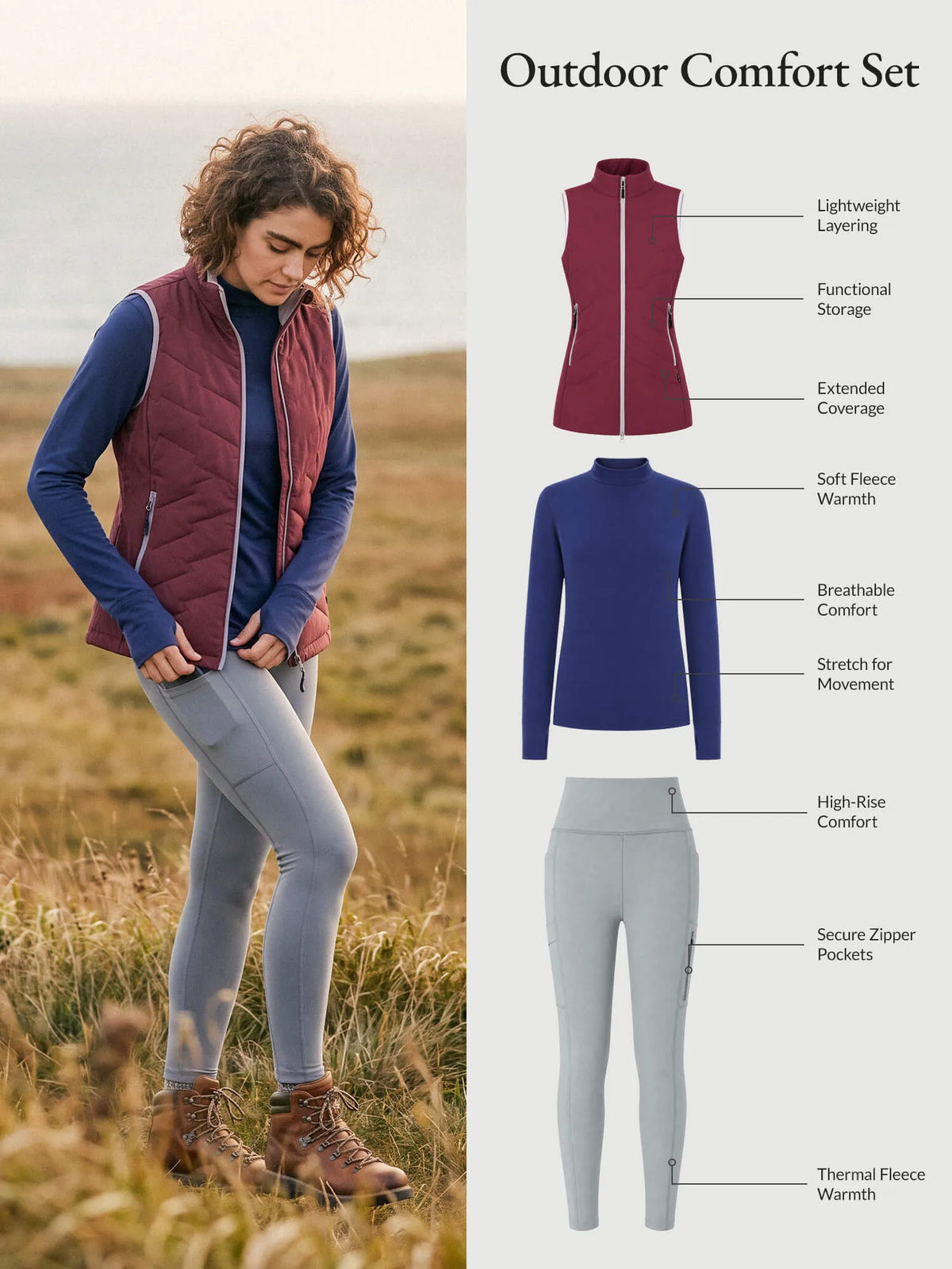 Navy Blue Base + Light Grey Legging + Wine Red Vest